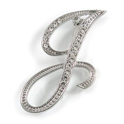 Image of 'J' Rhodium Plated Clear Crystal Letter J Alphabet Initial Brooch Personalised Jewellery Gift - 45mm Tall