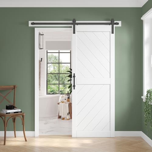 32in x 84in Sliding Barn Door with 5.5FT Barn Door Hardware kit & Handle Included Solid MDF Wood Slab Covered with Water-Proof & Scratch-Resistant PVC Surface Simple DIY Assembly Chevron Pattern