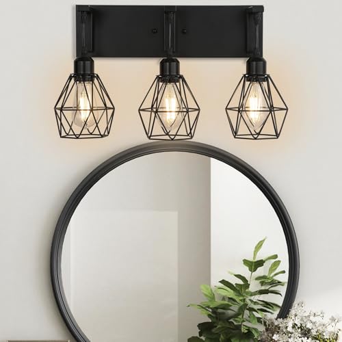 Image of Somniferous Farmhouse Bathroom Light Fixtures, 3 Light Bathroom Vanity Lights Over Mirror, Black Vanity Light with Caged Metal Shade, Rustic Wall Sconce for Bedroom, Living Room, Hallway, E26 Socket