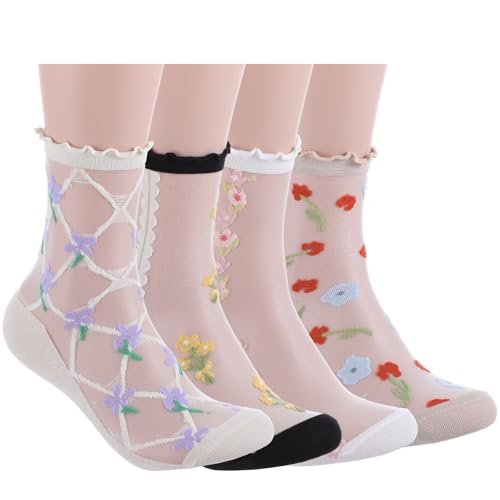 4Pairs Women Sheer Socks, Floral Sheer Sock, Embroidered Jacquard Crystal Glass Socks, Thin Mesh Lace for Summer