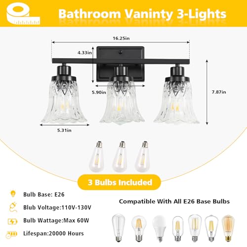 Image of JOPESO Bathroom Light Fixtures,Matte Black 3-Light Bathroom Lights Over Mirror with Glass Shade,Bathroom Wall Sconce Lamp for Mirror Living Room Bedroom Hallway (Black, 3-Light)