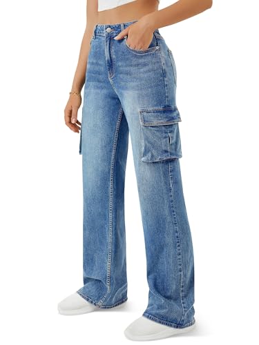 Women High Waisted Cargo Jean for Women with 6 Pockets Straight Wide Leg Jean Casual Baggy Pants3