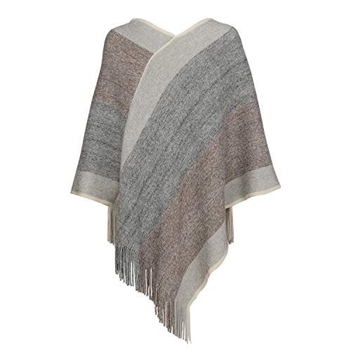 Image of Women's Elegant Knitted Shawl Poncho with Fringed V-Neck Striped Sweater Pullover Cape Gifts for Women Mom