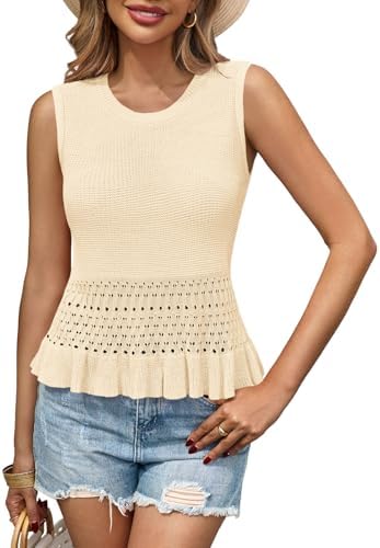 Saodimallsu Womens Crochet Crop Tank Tops Sleeveless Crew Neck Ru...