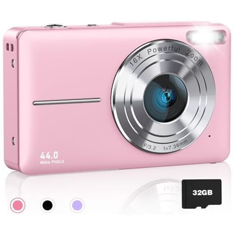 AiTechny Digital Camera for Kids, 1080P FHD Camera, 44MP Point and Shoot Digital Camera for Pictures with 32GB Card, 16X Zoom, Compact Small Vintage Camera Gifts for Teens Kids Boys Girls(Pink) Cover