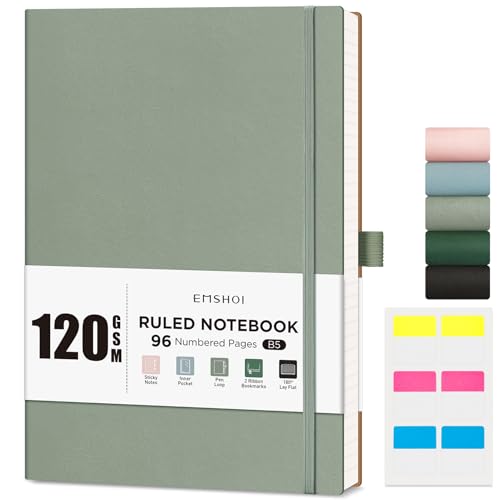 Image of EMSHOI B5 Notebook Lined - 120 GSM Lined Paper, 96 Numbered Pages Softcover College Ruled Composition Notebooks with Free Sticky Notes for Women Men Office School,19 X 25 cm - Light Green