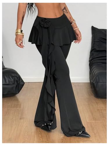 Verdusa Women's Ruffle Bell Bottom Pants Y2k Flare Pants with Strap3