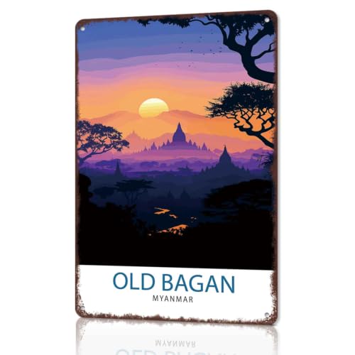 Old Bagan Myanmar Sunset Metal Sign 8x12