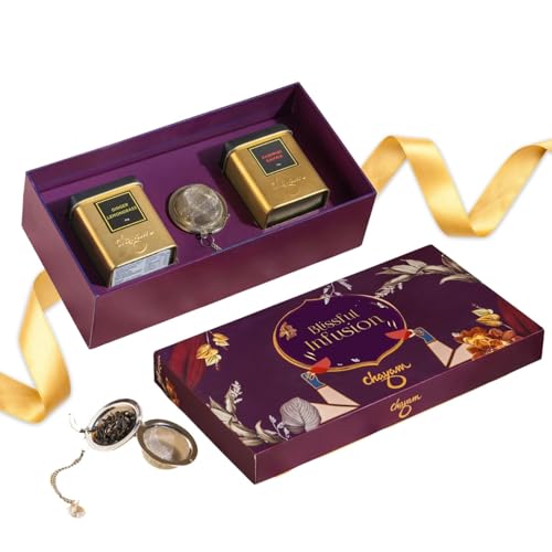 Image of CHAYAM Tea Gift Set with Infuser | 2 Loose Leaf Tins - Kashmiri Kahwa & Ginger Lemongrass (50g Each) | Soothing Green & Herbal Fusion | Tea Gift Pack for Tea Lovers | Wedding, Anniversary & Birthday Gift
