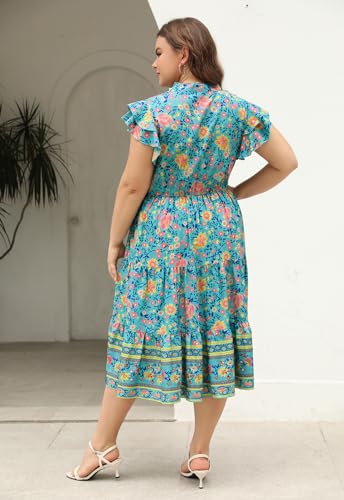 Image of Keluummi Plus Size Midi Dress for Curvy Women Wedding Guest Summer Floral Empire Waist Short Sleeve with Pockets