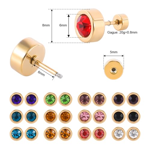 12 Pairs Surgical Stainless Steel Flat Back Birthstone Cubic Zirconia Stud Earrings, Gold Plated Screw Back Round Star Heart Flower Hexagon Triangle CZ Stud Earrings Set4