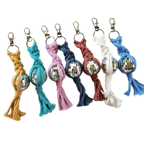 Macrame Disco Ball Keychain Charm, Handmade Retro Mirrorball Purse/Key Accessory, Mini Discoball Charm, Boho Gifts for Women, Trendy Keyring (Vanilla White)