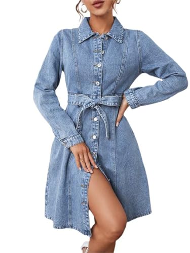 Women's Denim Dresses Long Sleeve Button Down Midi Jean Dress