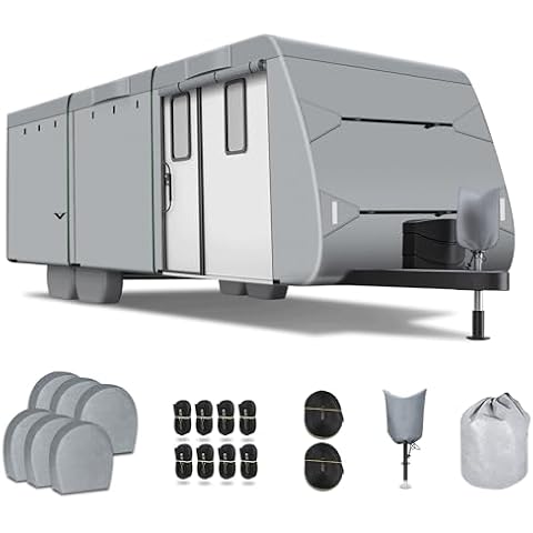 Richeer 300D Travel Trailer RV Cover, 20'-22' Wind Watertight Rip-Stop UV Resistant Travel Trailer Camping Vehicle Cover with Storage Bag Jack Cover Tire Cover Reflective Tape Cover