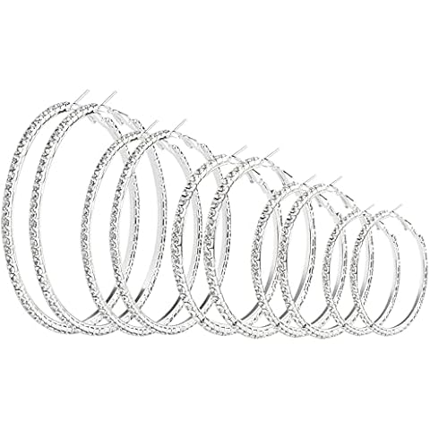 Elicola 5 Pairs Hoop Earrings Cubic Zirconia Large Size Earrings Set for Women Girls, Silver 30-70mm Cover
