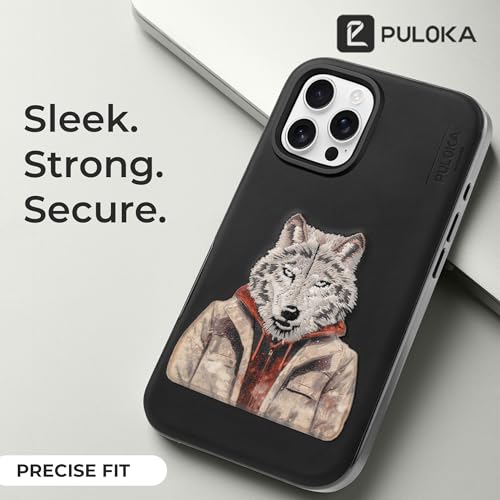 Image of PULOKA - Mobile Cover Compatible for iPhone 16 Pro Max - Wolf Embroidery - Sleek & Stylish - Protective & Anti Scratch Phone Cover Vegan Leather Back Case - Men & Women - Black