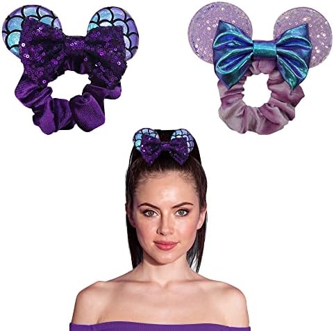 Styla Hair 2pk Mouse Ear Scrunchies for Kids Velvet Hair Bow Scrunchies for Women - Sparkle Sequins Mouse Hair Bands for Pony Tail Minnie Ears (Purple Mermaid)