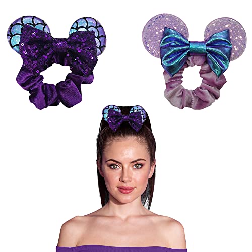 Styla Hair 2Pk Mouse Ear Scrunchies For Kids Velvet Hair Bow Scrunchies For Women - Sparkle Sequins Mouse Hair Bands For Pony Tail Minnie Ears (Purple Mermaid) #TOP1