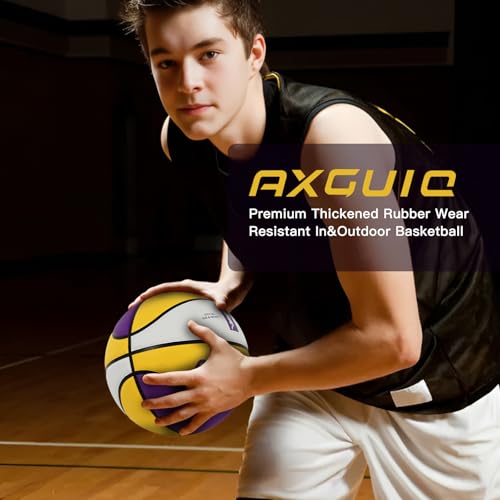 AXGUIQ Size 7 29.5'' Basketball Indoor Outdoor Yellow-Purple-White Thickened Rubber Ball Official Size 7 Street Basketball(Deflated)