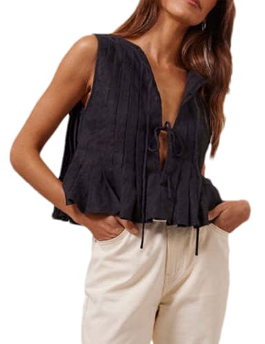 Zontroldy Women's Linen Tie Front Shirts Sleeveless Y2K Babydoll Ruffle Tank Top Aesthetic Clothes