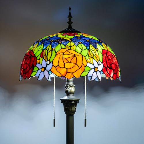 Image of Tiffany Style Floor Lamp, 16 inch Stained Glass Rose Floral Shade with Antique Bronze Base, 2-Light E26 Pull Chain Standing Reading Light for Living Room, Bedroom, UL Listed, 16x16x64 Inches