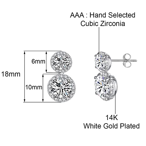 Savlano 14K White Gold Plated 6MM /10MM Round Cubic Zirconia Halo Double-Drop Stud Earrings, Comes with Gift Box for Women3