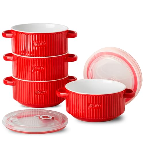 Seyatoo Soup Bowl with Handle, Ceramic French Onion Soup Bowl with Lid, Microwavable Bowls with Lid Set of 4 for Soup, Cereal, Oatmeal, Red
