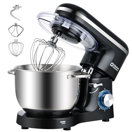 Kitchen in the box Stand Mixer, 6.5QT Kitchen Mixer, 6-Speed 660W Dough Mixer with Egg Whisk,Dough Hook,Beater for Home Baking (Black, 6.5QT)