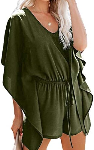 AELSON Women's Chiffon Batwing Sleeve Rompers V Neck Solid Drawstring Waisted Shorts Jumpsuit