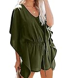 AELSON Women's Chiffon Batwing Sleeve Rompers V Neck Solid Drawstring Waisted Shorts Jumpsuit