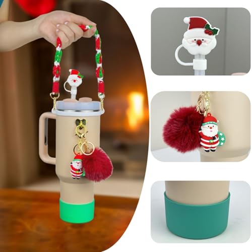 Image of House of Quirk 7 PCS Christmas Tumbler Accessories Set for 30oz & 40oz Cups | Silicone Boot, Handle Strap, Straw Cap, Cup Chain,Plush Christmas Key Pendant (Santa, Tumbler Not Included)