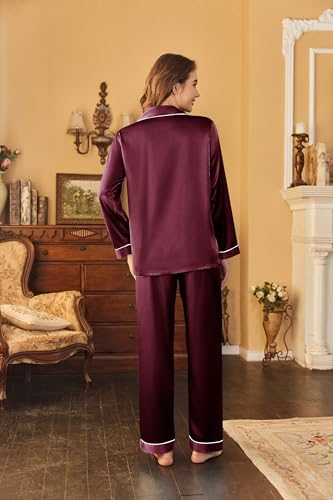 Image of Ekouaer Women's Classic Button Down Long Satin Silk Pajama Set