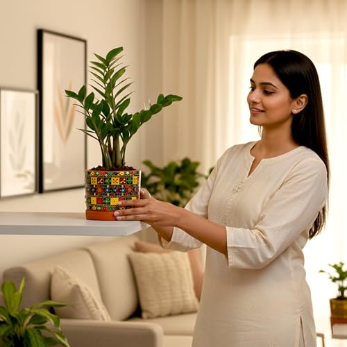 Image of Urban Plant Royal Motif 3D Terracotta Pot with Saucer | Hand-Painted Multicolor Ethnic Design Planter | Indoor Decorative Clay Plant Pot with Drainage Hole | Tabletop Flower Pot