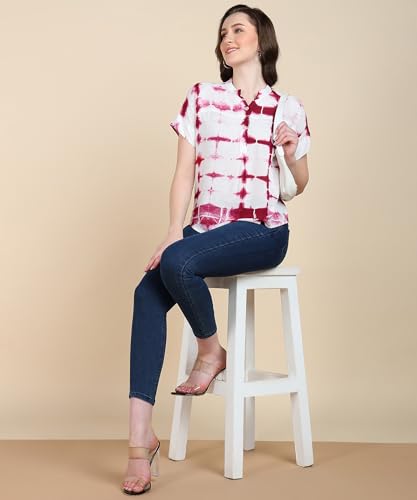 Image of Maaesa Women Handmade Regular Fit Tie-Dye Rayon Top | Casual Wear & Office Wear | Short Sleeve | Mandarin Neck | Lightweight & Breathable Fabric