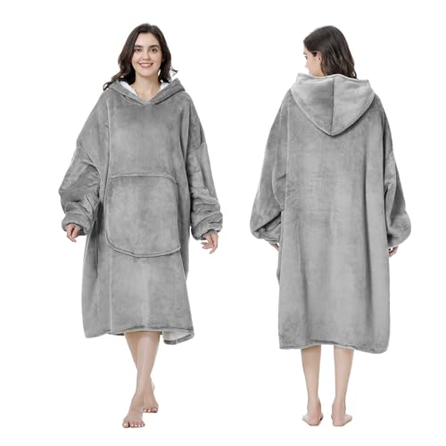 Mokani Knuffeldeken met mouwen en capuchon, hoodie-deken, deken met mouwen, oversized, wollige flanellen capuchontrui voor dames en heren, grijs