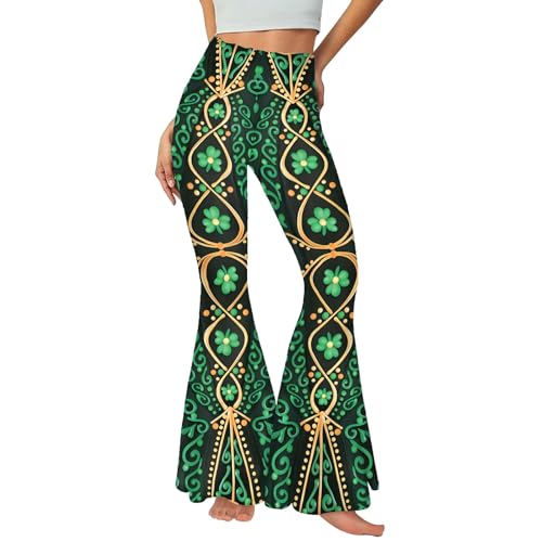 Seizesoul St Patricks Day Bell Bottom for Women Shamrock Clover Printed Flare Leg Pants