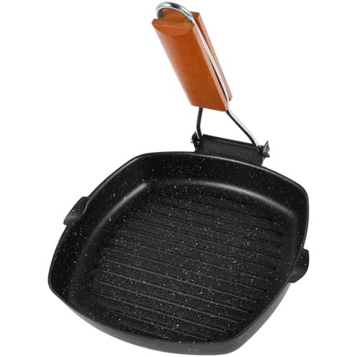 NIHUIFDPY Griddle Pan for All Hobs, 20cm Square Grill Pan for Indoor Cooking & Outdoor Grilling, Grill Skillet Steak Pans with Folding Wood Handle for Meat Fish and Vegetables(20cm)