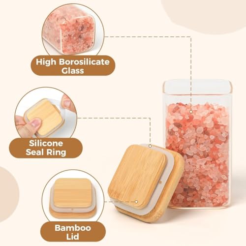 Image of CAKETIME Spice Jars with Airtight Bamboo Lid [Square, Pack Of 12, 270ml] - Glass Spice Bottles, Seasoning Containers for Salt, Sugar, Coffee Beans - Set of 12 Jars with Wooden Lids
