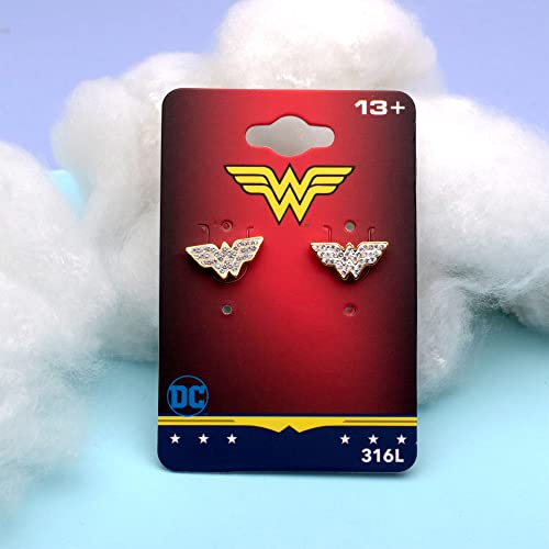 Officially Licensed Hypoallergenic DC Comics Women's Wonder Woman Gold Plated Logo with Clear Gem Stud Earrings, One Size2