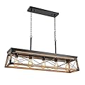 Airposta Farmhouse Rustic Wood Chandelier, 5 Lights Metal Rectangle Dining Room Swag Lighting, Kitchen Island Industrial Linear Cage Pendant Light Fixtures Hanging Lamp