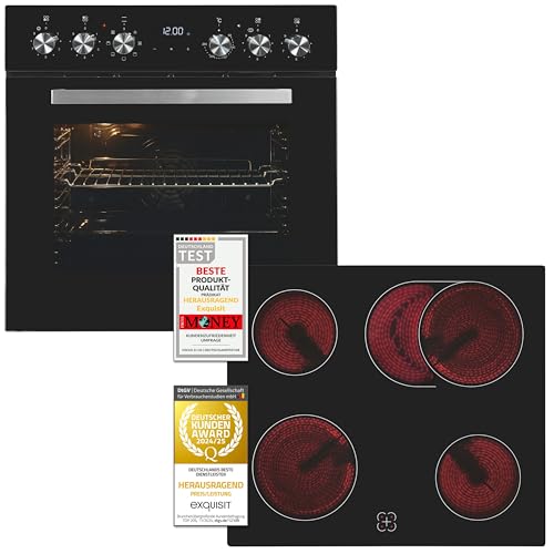 Exquisit Juego de cocina empotrable EHE157-UBZ-020, color negro, 59 l de capacidad, 7 programas de horneado, placa de cocción con marco, parrilla, recirculación, clase energética A