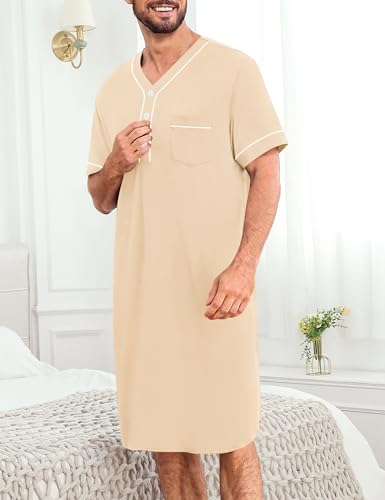 Image of SWOMOG Mens Nightgown Short Sleeve Lounge, Sleep Henley Shirt Pajama Big & Tall Nightshirt Comfy Nightwear M-3XL