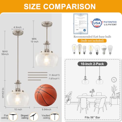 Image of Modern Pendant Lights Kitchen Island, Brushed Nickel Pendant Light Fixtures with 10 inch Clear Crack Glass Shade, Industrial Hanging Pendant Lights Fixture for Kitchen Island Dining Room Entryway