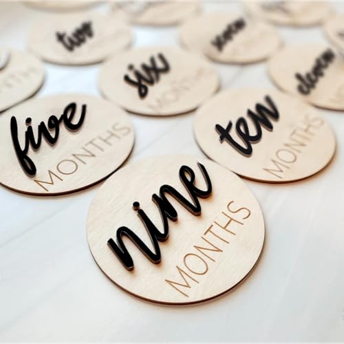 Image of Baby Monthly Milestone Markers Disc, Wooden 3D Milestone Cards for Photos, Baby Announcement Sign, 1-12 Months, Wooden Baby Milestone Sign (Black)