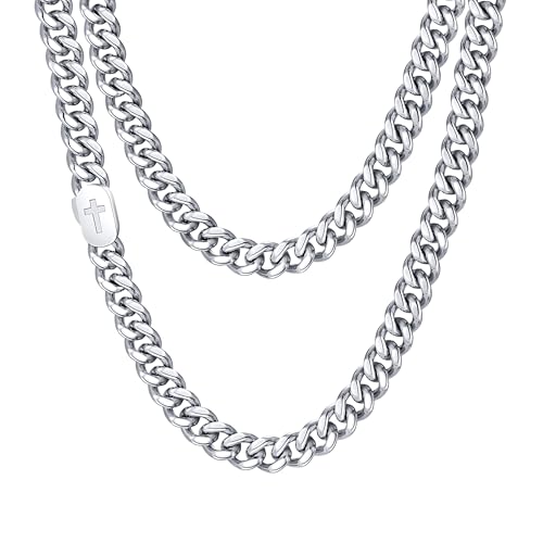 VNOX Cross Necklace for Men - Solid Mens Cross Cuban Link Chain Necklaces Stainless Steel Silver/Gold Plated Chains for Men, Cool Miami Hip Hop Jewelry Gifts