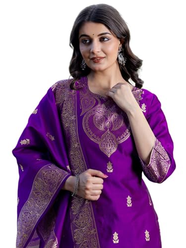 Sanisa Women's Silk Blend Weaving Kurta With Pant And Dupatta Set (277Kbd2902N-L_Purple)