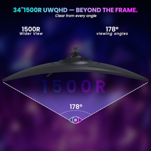 Image of LXZ 34 Inch Curved Monitor 1500R 165Hz, 3440 x 1440 UWQHD Ultrawide Gaming Monitor with FreeSync & G-Sync, PIP & PBP, DisplayPort HDMI - Black