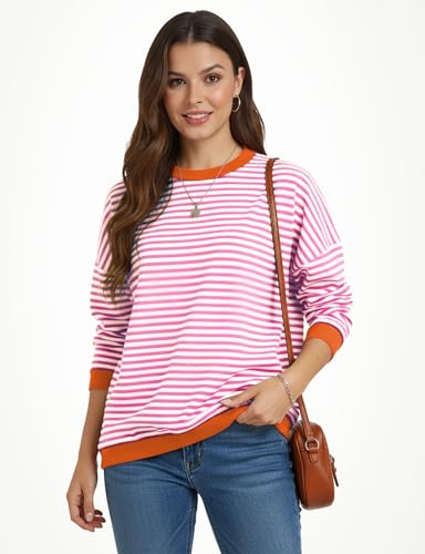 Image of Buauty Womens Long Sleeve Crewneck Knitted Striped Sweaters Casual Color Block Drop Shoulder Pullover 2025 Trendy Tops
