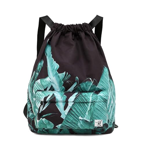 Risefit Waterproof Drawstring Bag, Gym Bag Sackpack Sports Beach Backpack for Men Women (Black Banana Leaves)