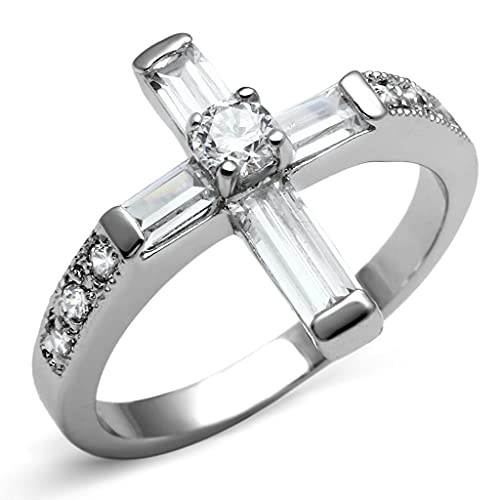 Eternal Sparkles Women's Cross Cruxifix Religious Symbol Fashion Statement Ring in Hypoallergenic Stainless Steel and CZ Crystal (Baguette Cross CZ, 9)